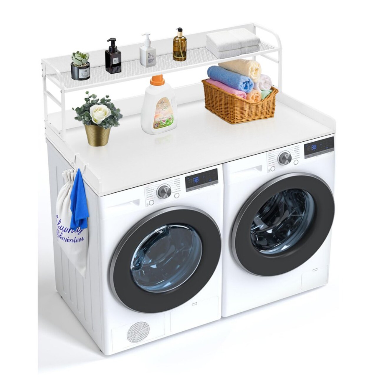 Multifunctional Washer Dryer Countertop with Storage Shelf and Hooks 54 Inch Laundry Room Organizer